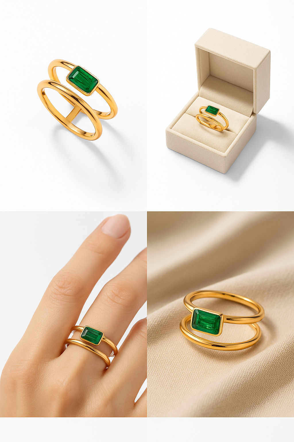 Double-Band Ring with Lab-Created Emerald – 18K Gold
